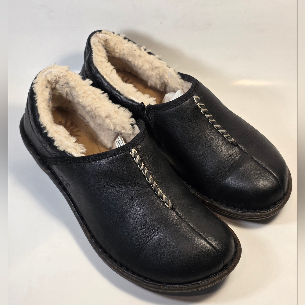 UGG Black Leather Slip-On Shearling-Lined Flats